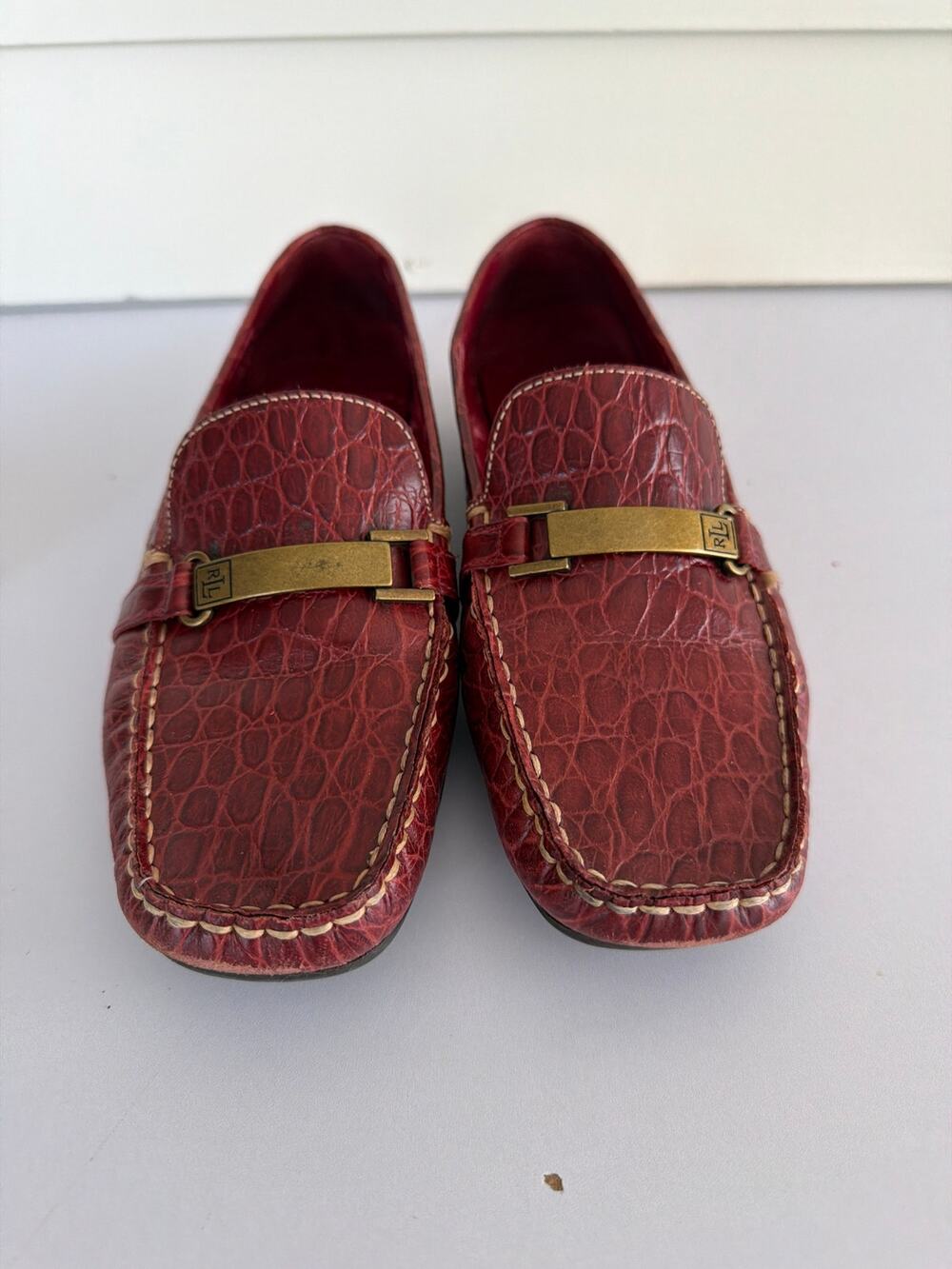 Y2K Ralph Lauren Margaret Croc Embossed Leather Loafers Burgundy Rust Brown 9.5